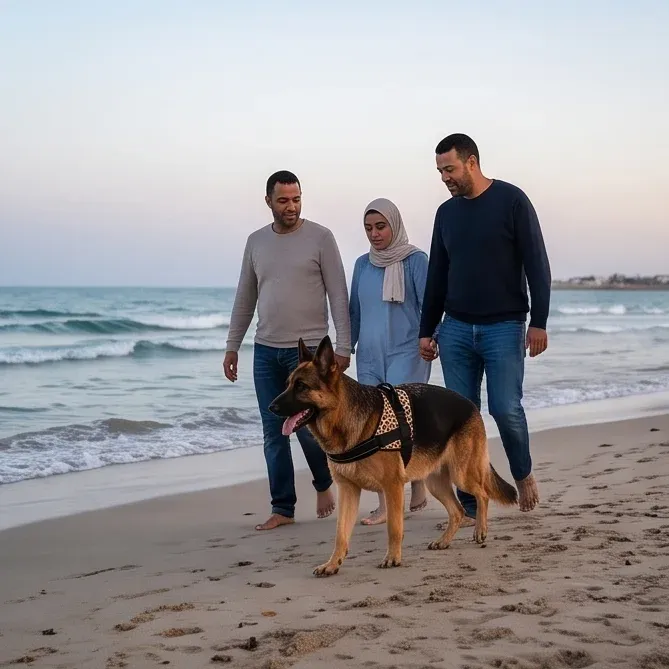 Une famille se promène avec son chien sur la plage au coucher du soleil.