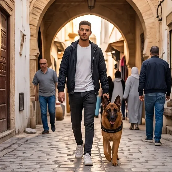 Un jeune homme promène son berger allemand dans une ruelle ancienne.