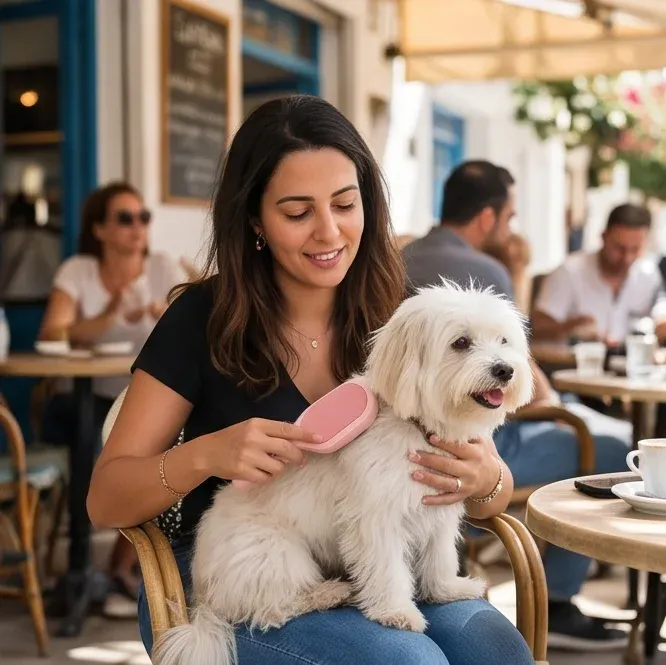 Une séance de brossage en terrasse, le chien trouve ça agréable.