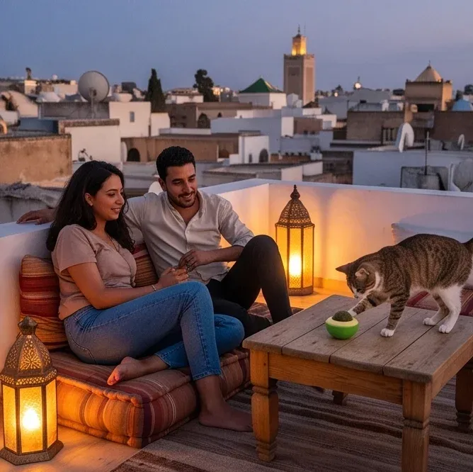 Soirée détendue sur la terrasse, le chat s'intéresse à la boule verte.