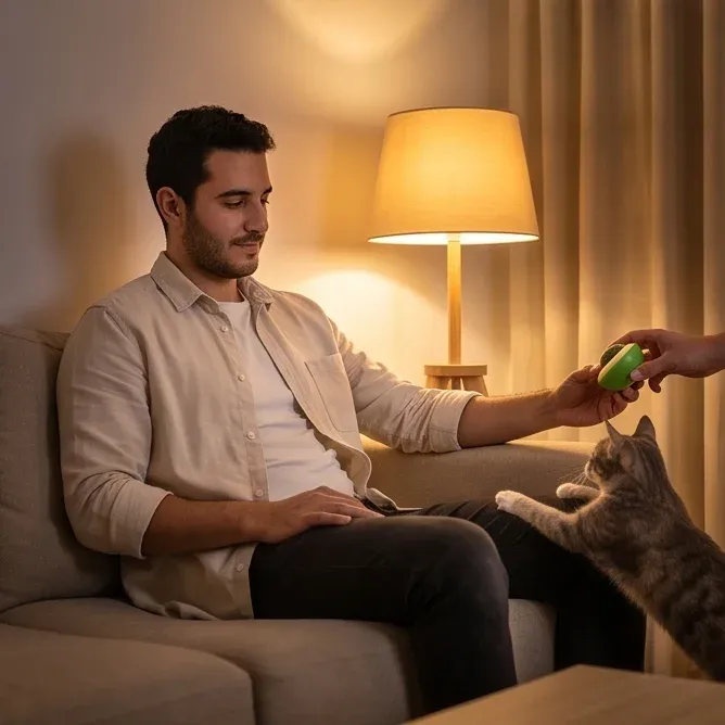 Le chat tend la patte vers la petite boule verte offerte.