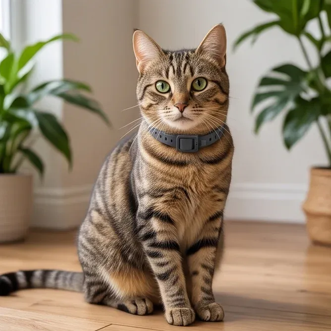 Un chat tigré assis au calme, entre les plantes vertes.