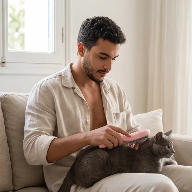 Un brossage tranquille sur le canapé, près de la fenêtre.