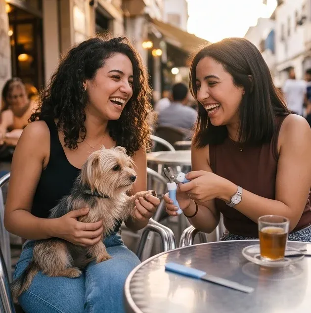 Deux amies qui rient, un petit soin partagé pour le chien.