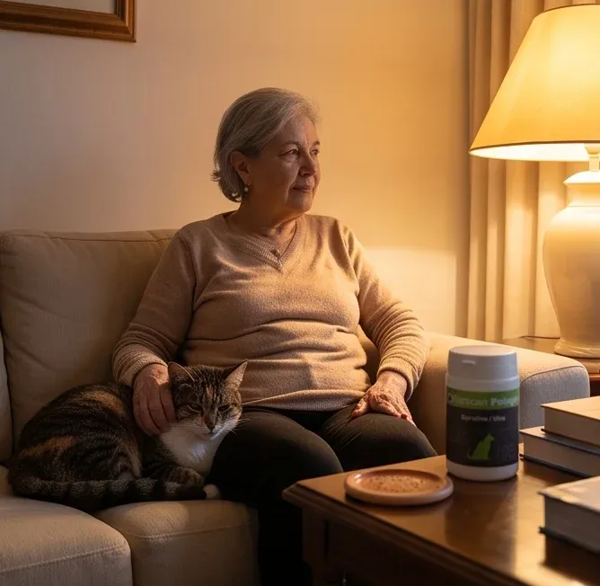 Une soirée calme au salon, blottie contre son chat préféré.
