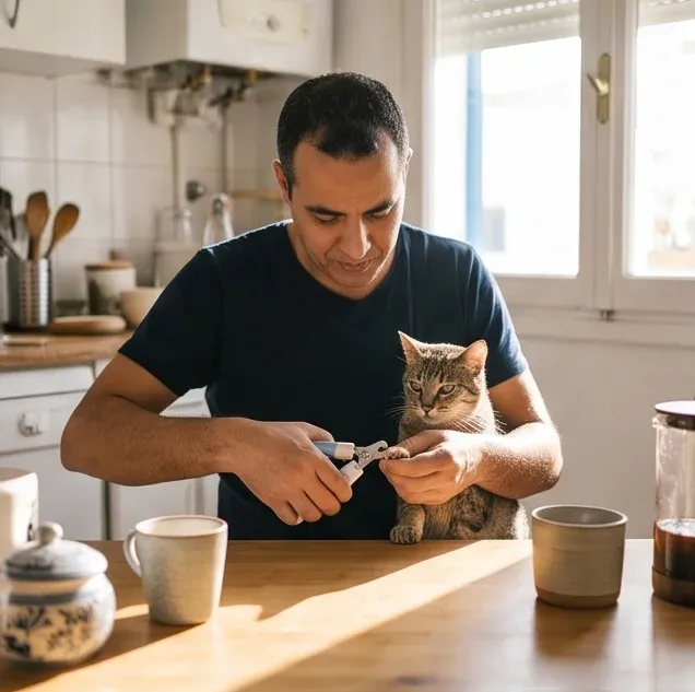 Un soin tranquille dans la cuisine, la lumière du matin au fond.