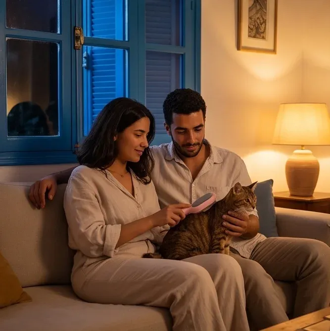 Un moment complice au salon, sous la lumière douce de la lampe.