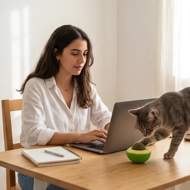 Pendant le travail, le chat vient explorer sa petite boule verte.