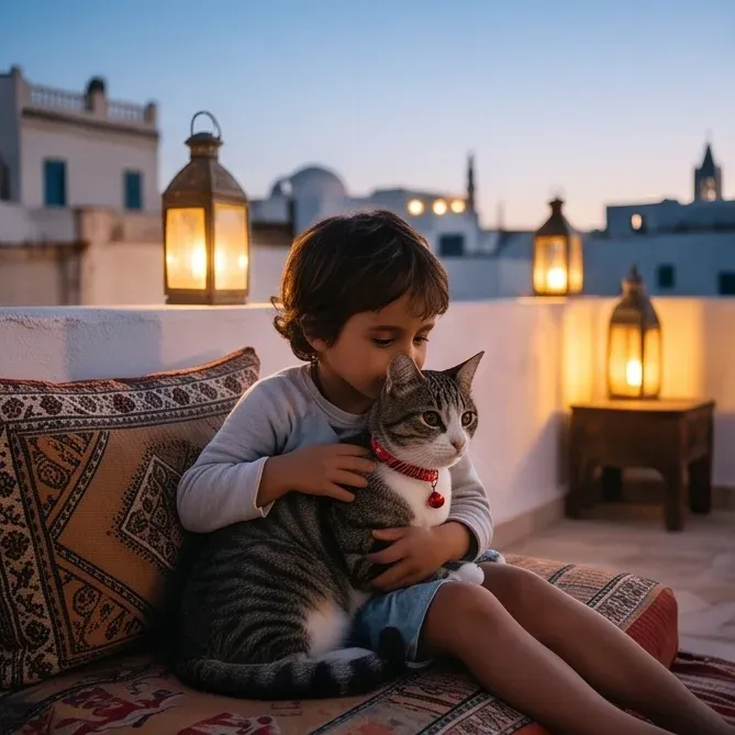 Un câlin tendre sous les lanternes, au crépuscule.